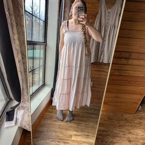 Quince LINEN Smocked Tiered Midi Dress in Light Pink